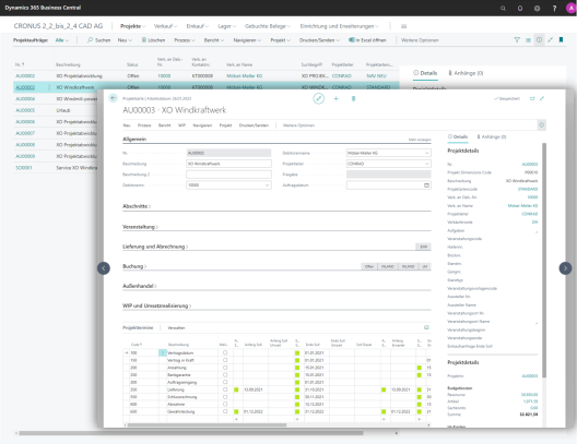 Screenshot of the project order wind power plant. The general fields are filled in. The project details are filled in on the right. The project data is displayed below.